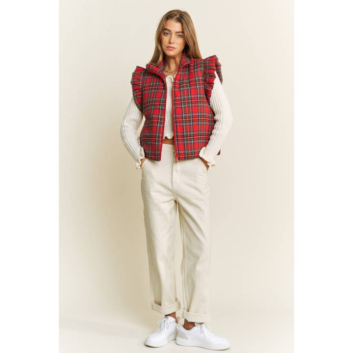 Red EVERYDAY PLAID PUFF ZIP UP VEST JACKET with ARMHOLE RUFFLE D for wholesale on Faire