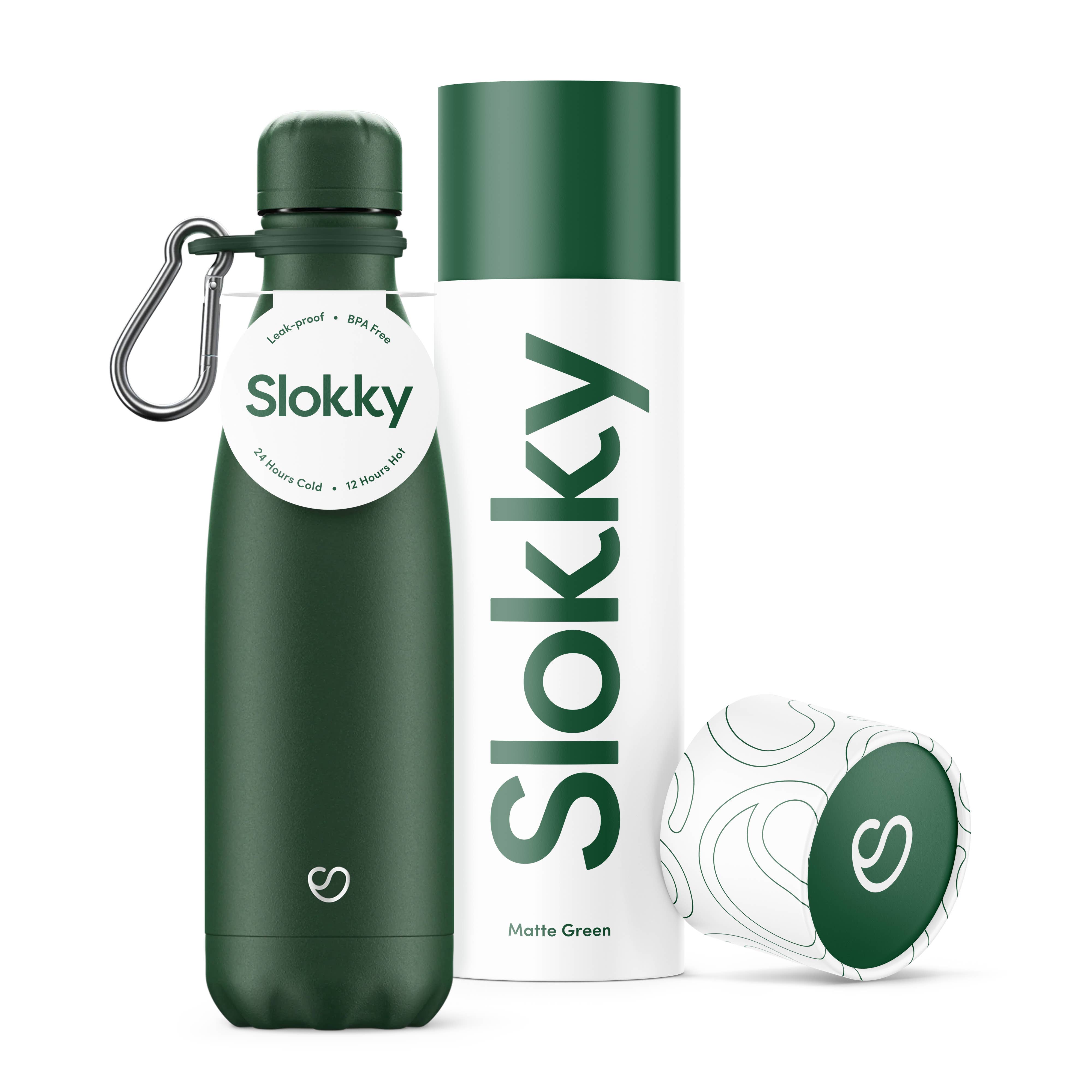 Slokky - Wholesale Water Bottle - Matte Green Thermos Bottle, Lid & Carabiner - 500ml4