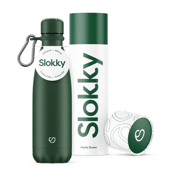 Slokky - Wholesale Water Bottle - Matte Green Thermos Bottle, Lid & Carabiner - 500ml4