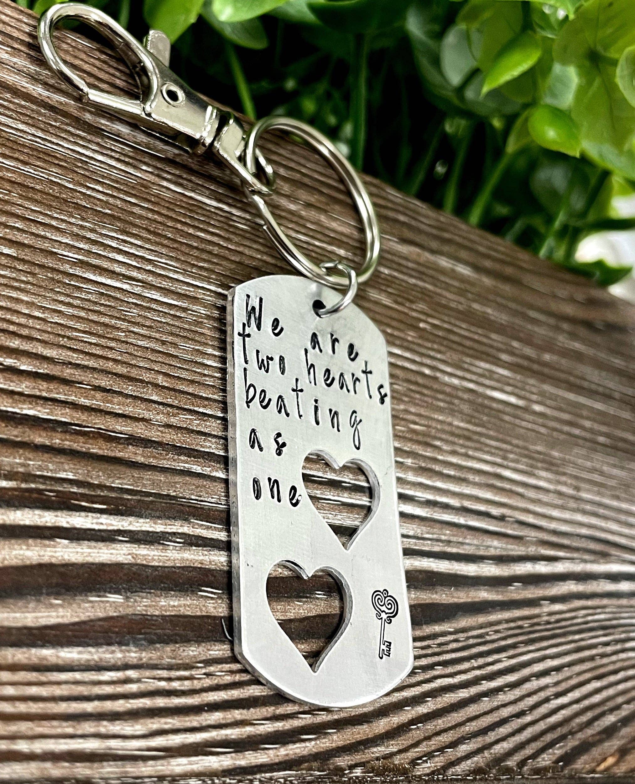Handmade by Marlayna - Wholesale Keychain - Unisex - Two Hearts Beating as One Hand Stamped Key Chain Valentines Day Gift1
