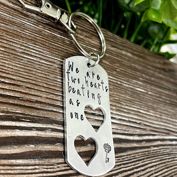 Handmade by Marlayna - Wholesale Keychain - Unisex - Two Hearts Beating as One Hand Stamped Key Chain Valentines Day Gift1