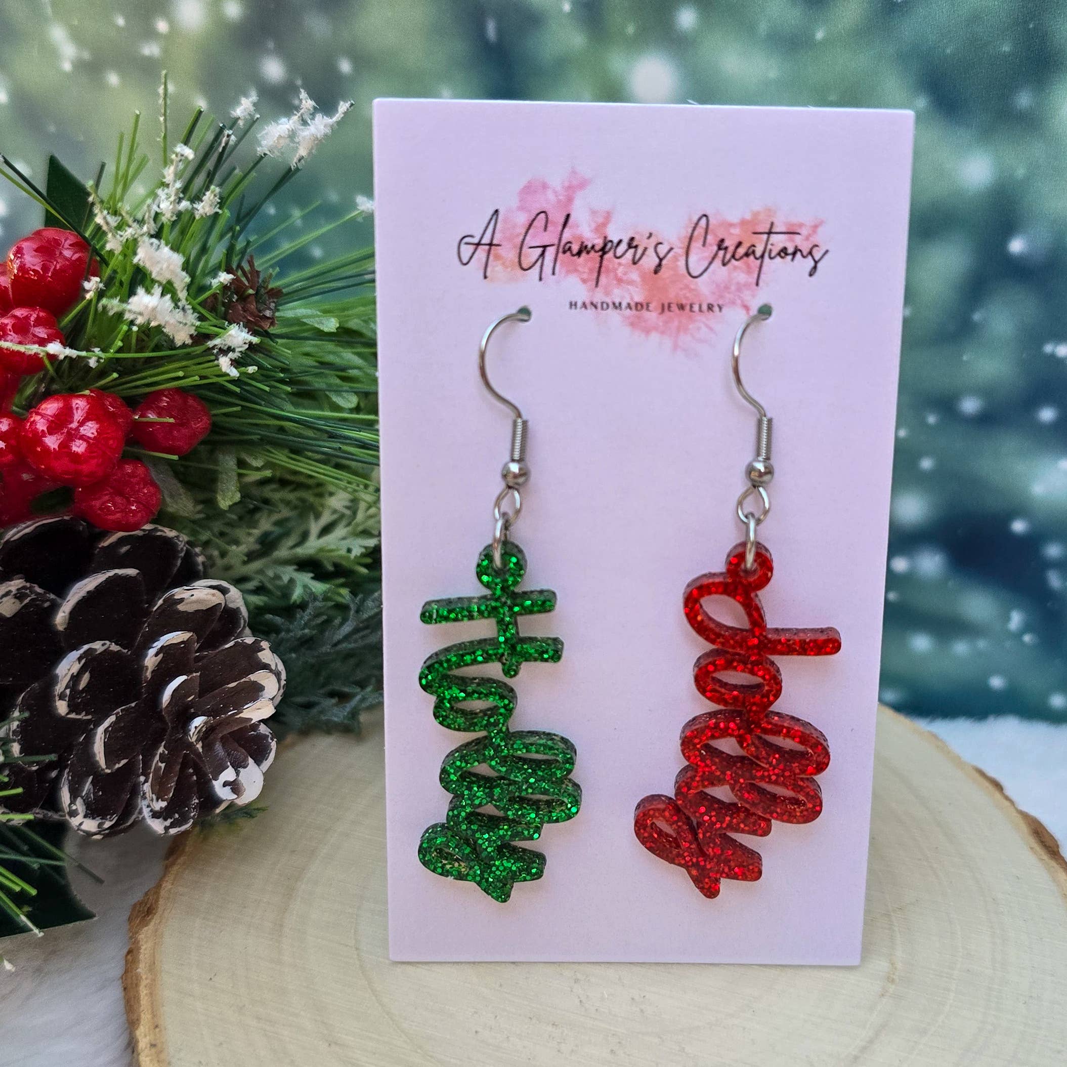 A Glamper's Creations LLC - Wholesale Dangle Earrings - Green Glitter Holly Red Glitter Jolly Acrylic Earrings2