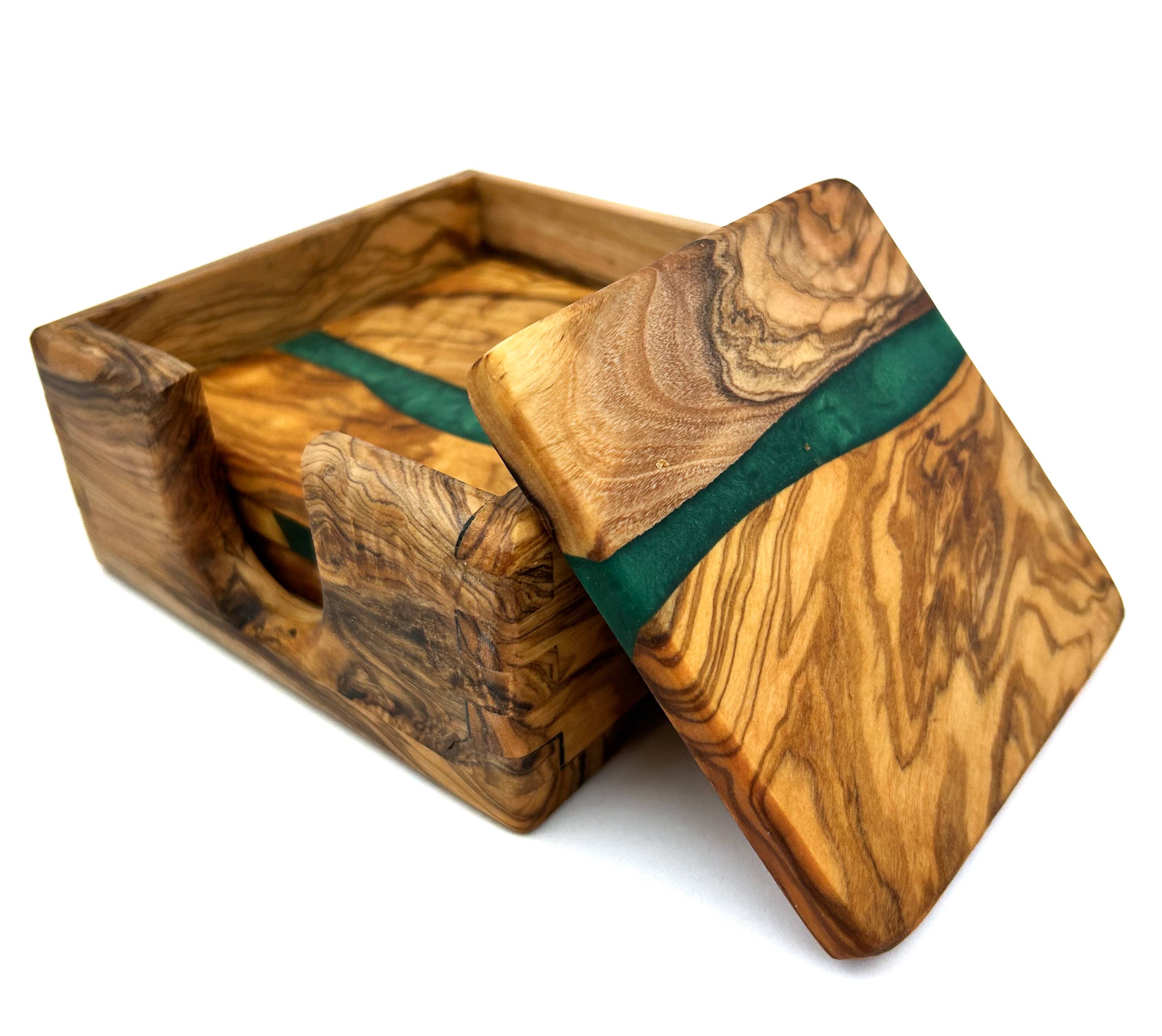 Natural OliveWood – wholesale Coasters – Olive Wood Resin Coaster Set w/Holder3