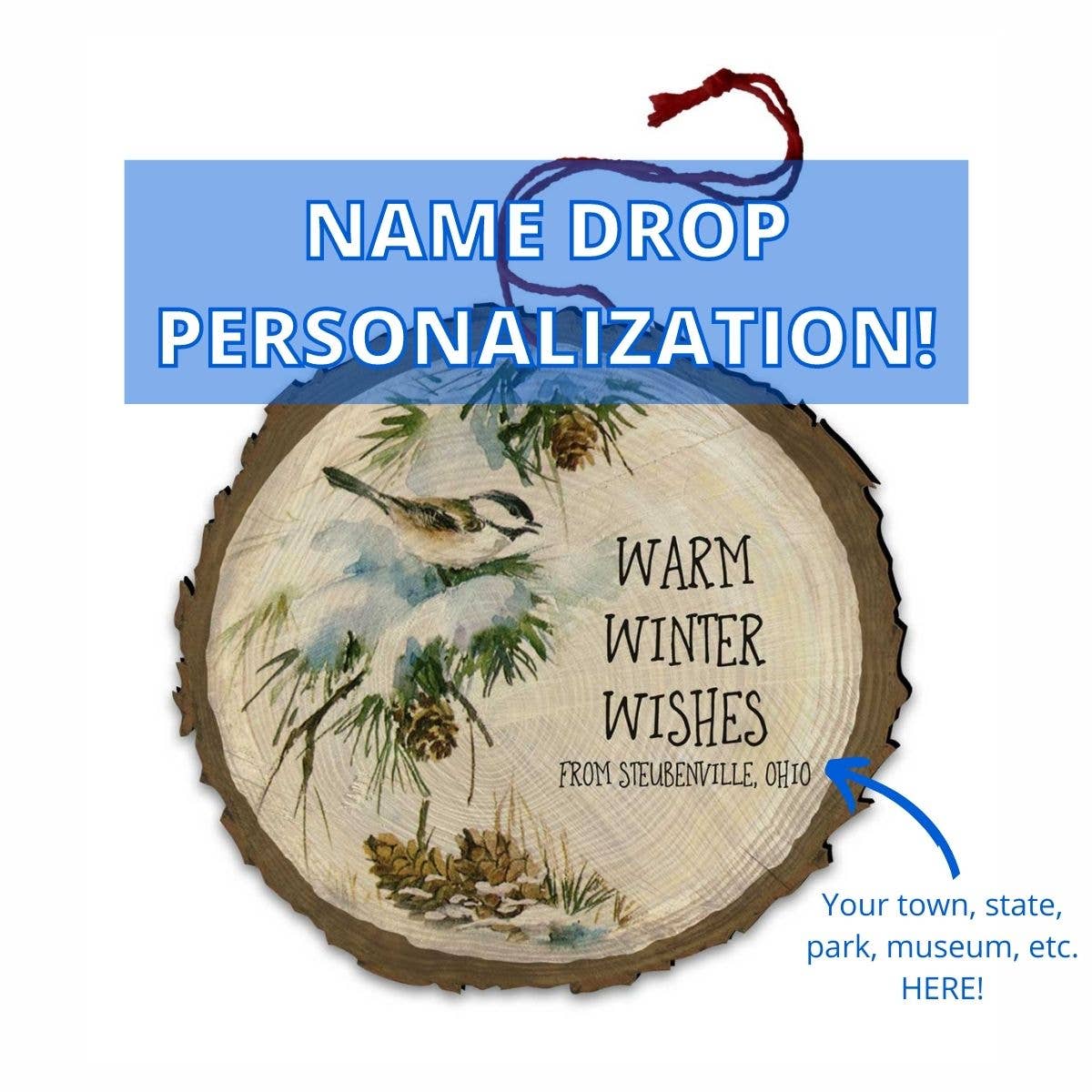Nelson Gifts Wholesale - Wholesale Ornament - PERSONALIZED "Warm Winter Wishes" Birds Wood Ornament0