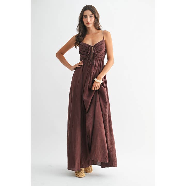 BROWN MAXI DRESS WITH RUCHED BODICE AND ADJUSTABLE STRAP for wholesale on Faire3