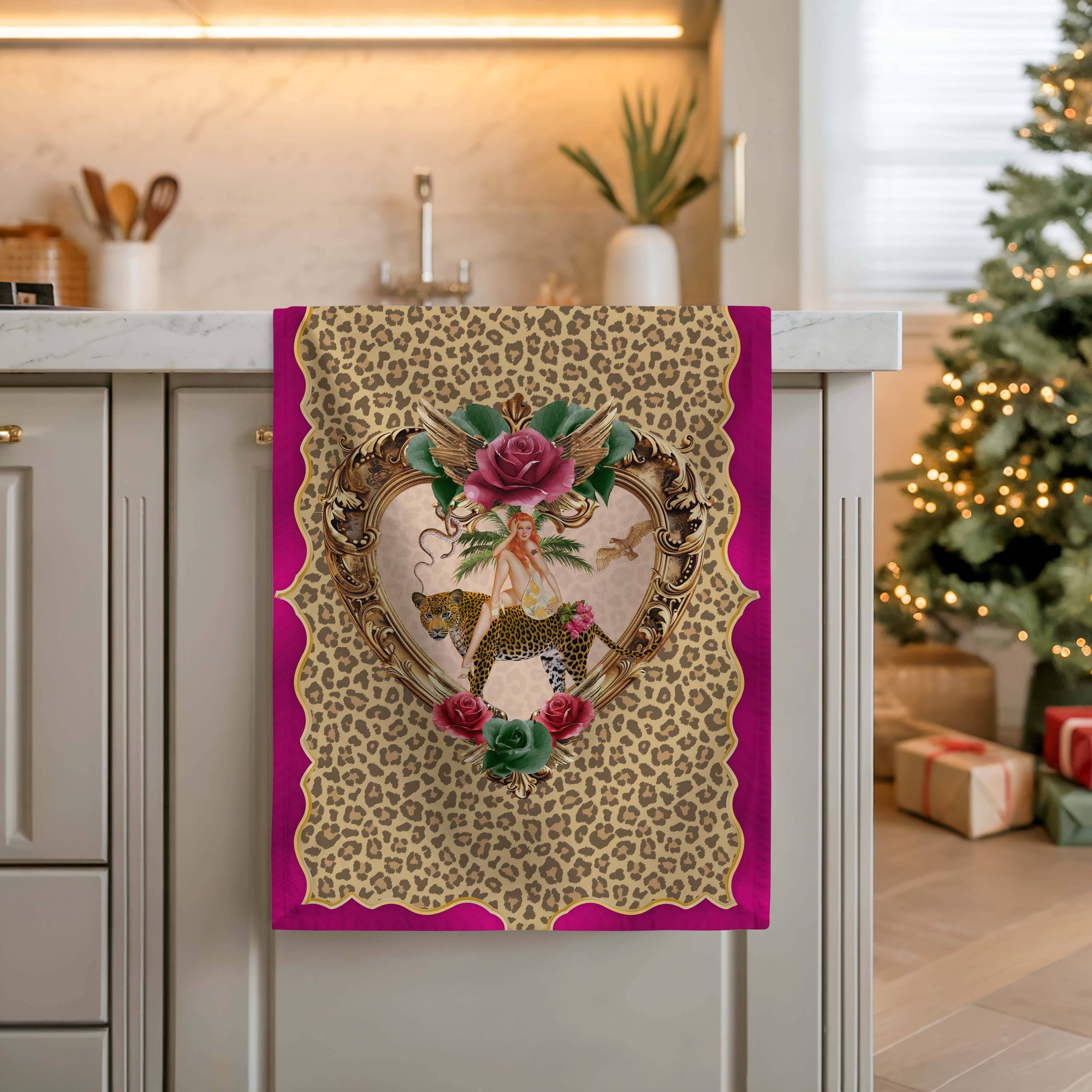 Queen K - Wholesale Tea towel - Tiger Rose Leopard Linen Tea Towel1