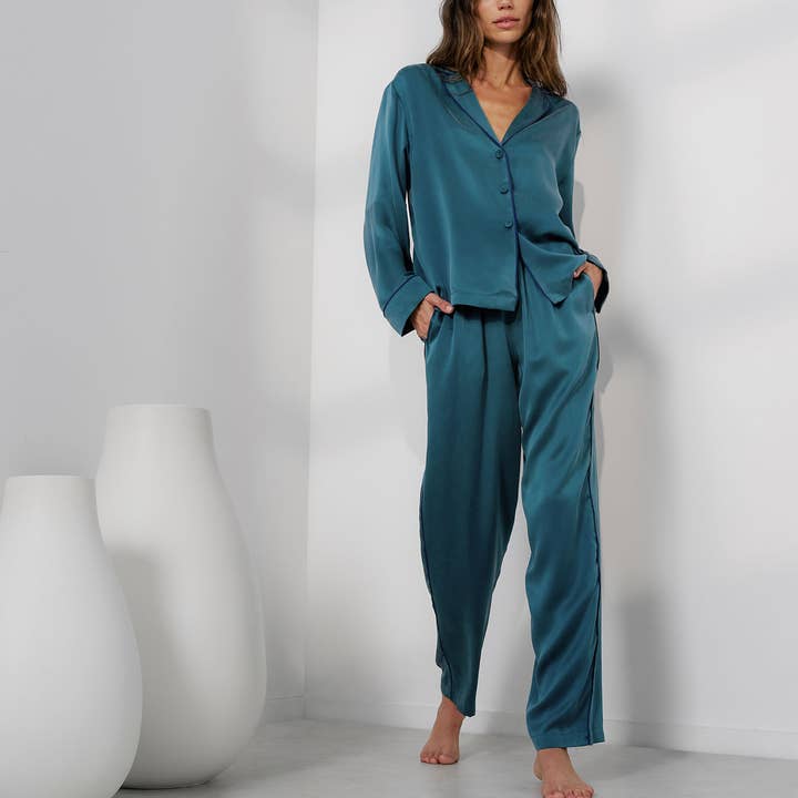 Washable Silk Piped Long Sleeve Pant Set for wholesale by LUNYA