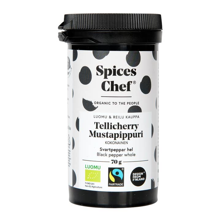 Spices Chef – wholesale Kryddkvarn – Ortwo - Drömfarm Maustemylly + Tellicherry Mustapippuri Kokonainen 70g Luomu, Reilukauppa