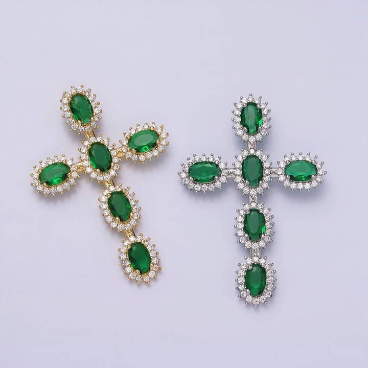 16K Gold Filled Emerald Green Oval Religious Cross Pendant in Gold & Silver | AA493 AA494 for wholesale by Aim Eternal