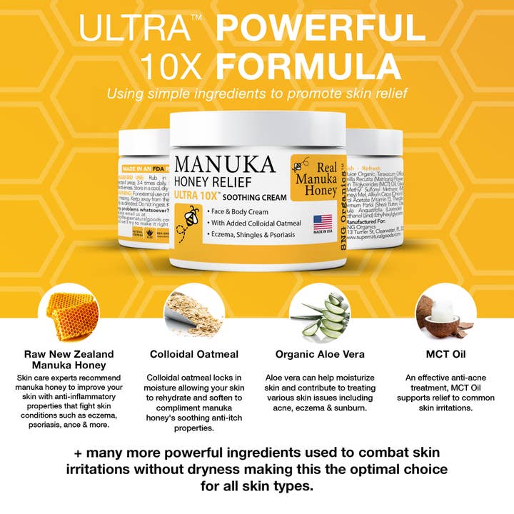 Super Natural Goods - Vente Crème/lotion pour le corps - Crème hydratante au miel de Manuka pour l'eczéma, l'acné et plus encore 16 oz