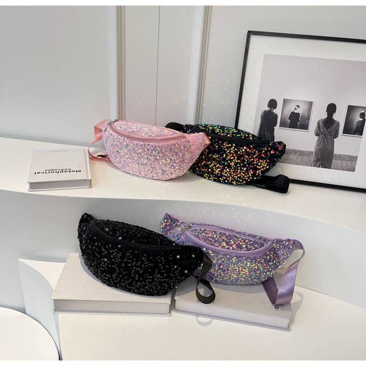 KK Bloom - Venta al por mayor Riñonera - Mujer - Riñonera con lentejuelas para una versatilidad elegante en negro, verde, rosa, morado.