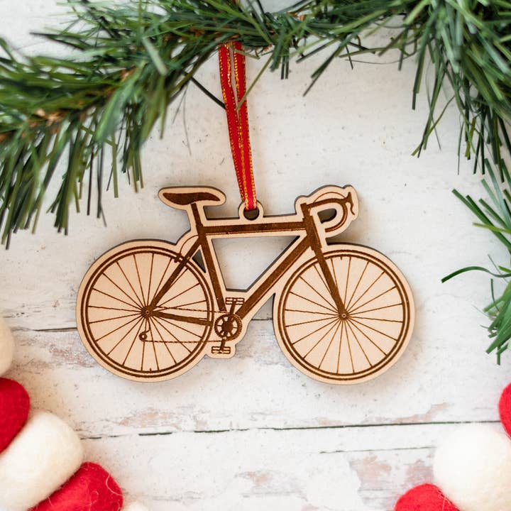 Gravierte Holzfahrrad-Weihnachtsverzierung für den Großhandel von Reece Design Works