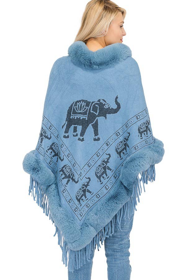 Cap Zone - Wholesale Poncho - Women's - Lucky Elephant Printed Fur Neckline Soft Cozy Poncho16