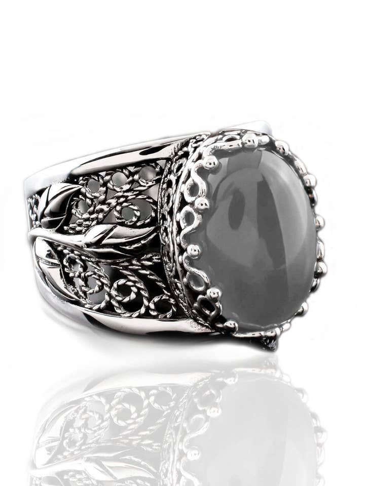 Filigree Art Gray Moonstone Gemstone Tulip Detailed Women Sterling Silver Statement Ring for wholesale by Filigranist Jewelry