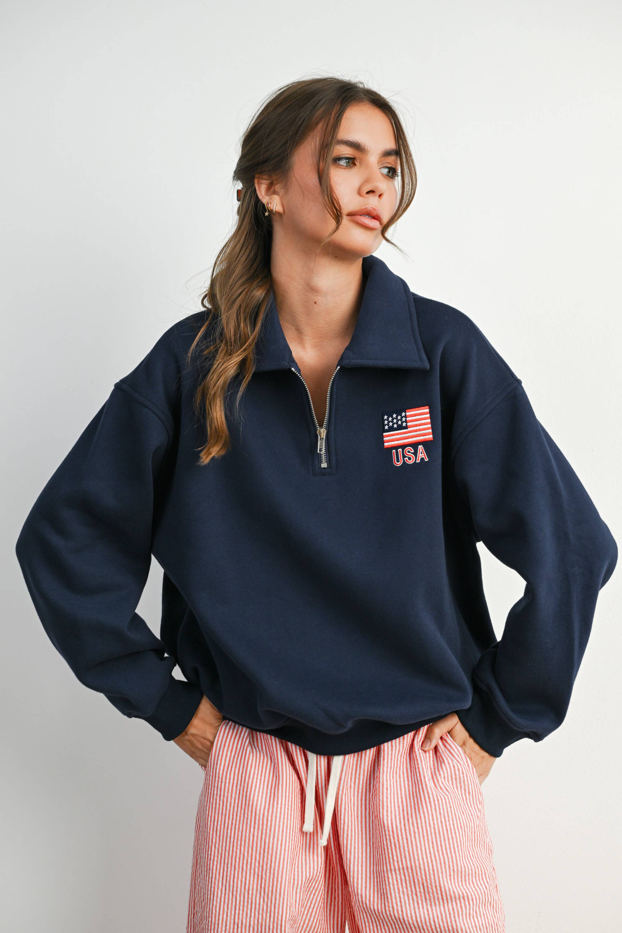 BUTTERMELON - Wholesale Sweatshirt - Women's - Loose Collared Quarter-Zip Top - BMT779412