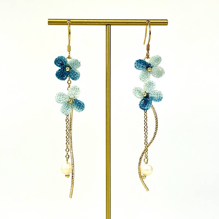 Micro crochet colorful flower earrings with stylish dangle d for wholesale by Crochet Whispers