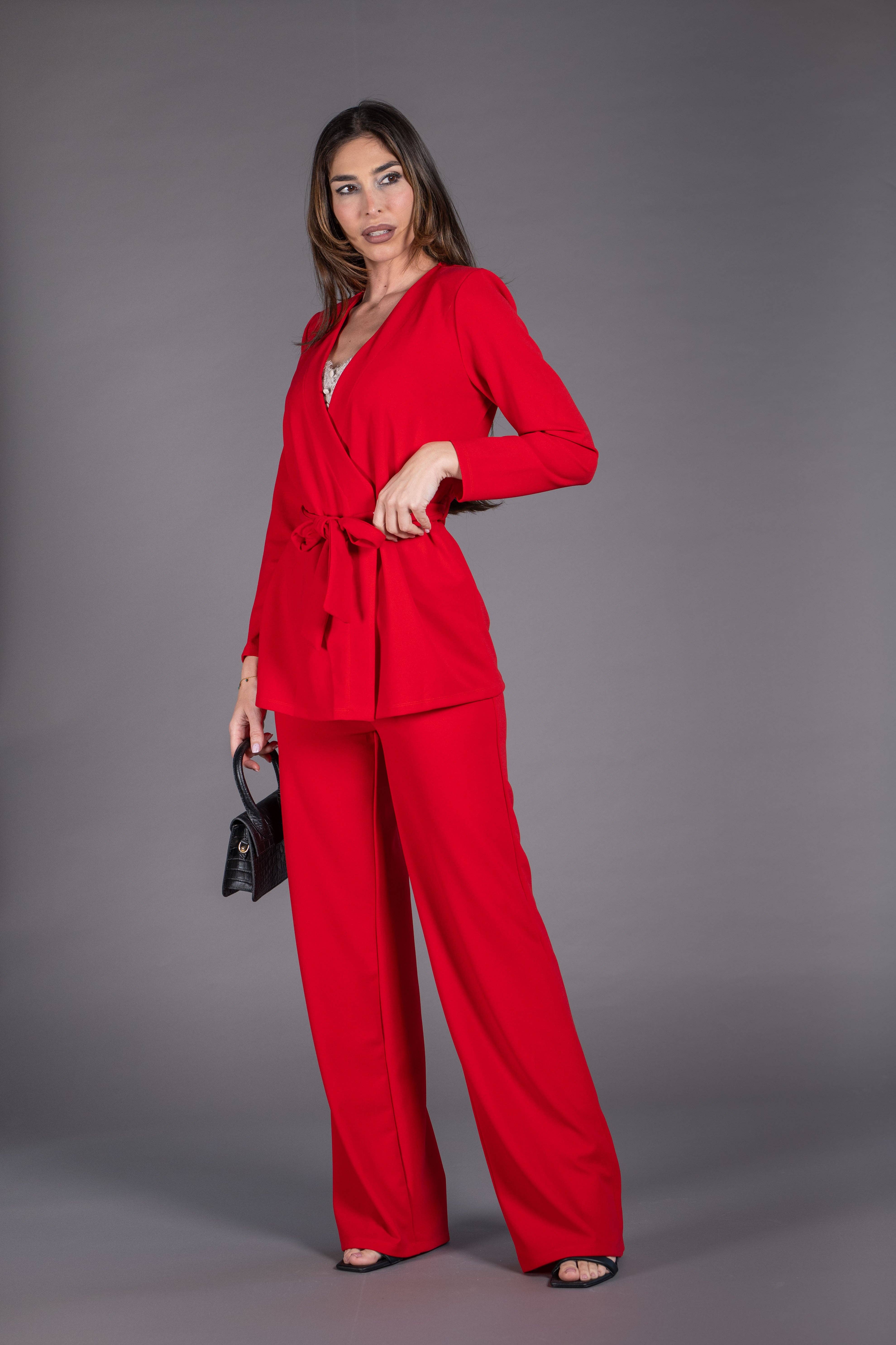 Julie d orleac - Wholesale Suit Set - Women's - Red belted double-breasted jacket and pantsuit3