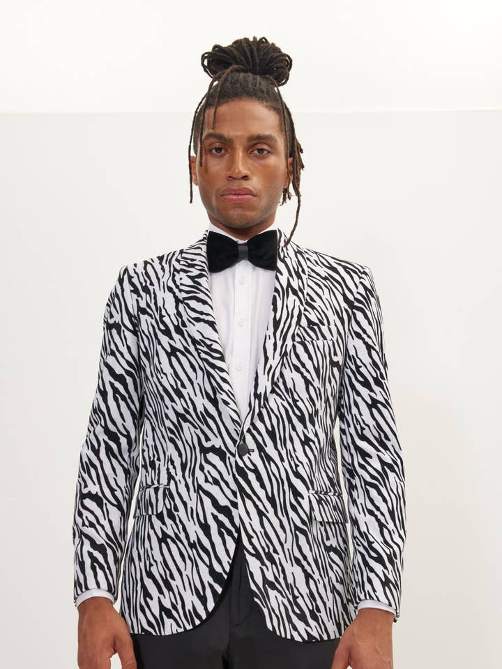 Smokingjacke aus beflocktem Zebra-Samt für Herren, glitzernd, Weiß für den Großhandel von Ron Tomson