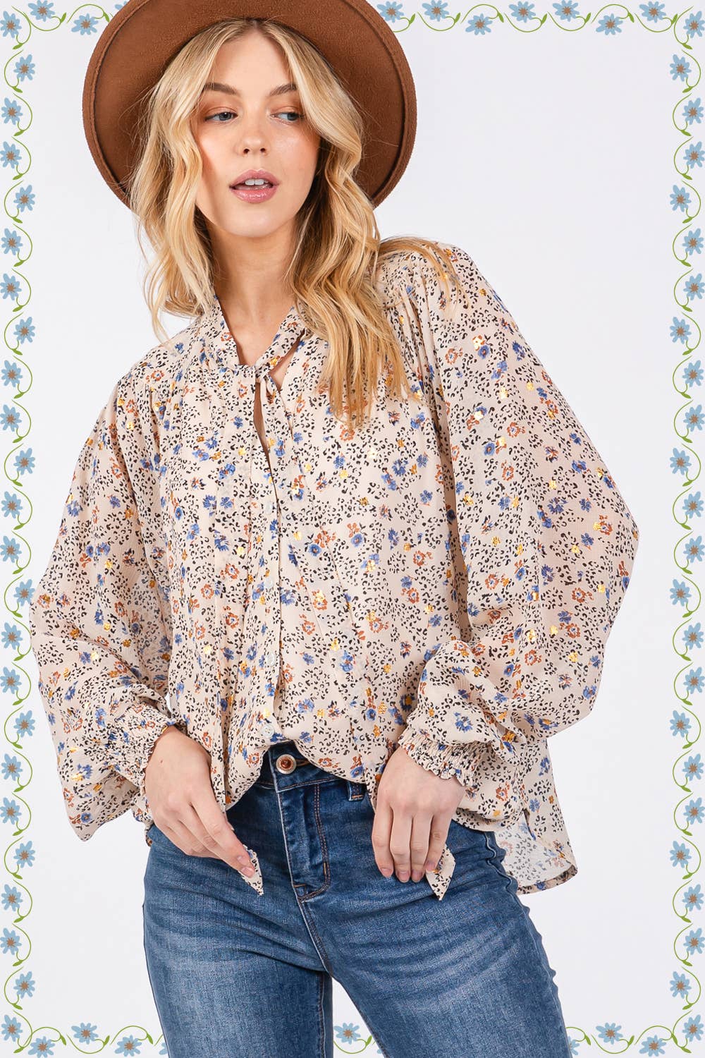 Sage + Fig - Wholesale Blouse - Women's - TIE NECK LONG SLEEVES FLORAL PRINT BLOUSE (ST71038)1