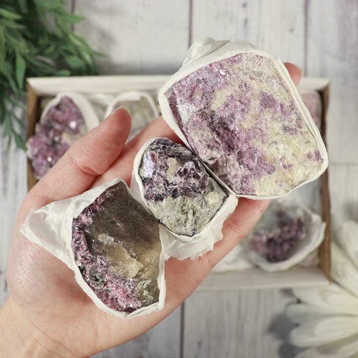Natures Artifacts Inc - Wholesale Retailer Display - Beauty & Wellness - Lepidolite with Quartz, Tourmaline Flat, Lavender Lepidolite1