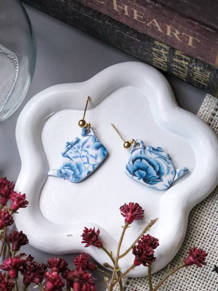 Blue Toile Teapot Earrings for wholesale by Lily and Sparrow Clay