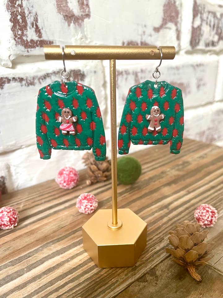 Ugly Christmas sweater dangle earrings for wholesale by She makes clay