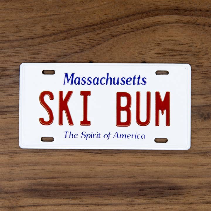 SKI BUM - Massachusetts License Plate Magnet for wholesale by Ski House Games