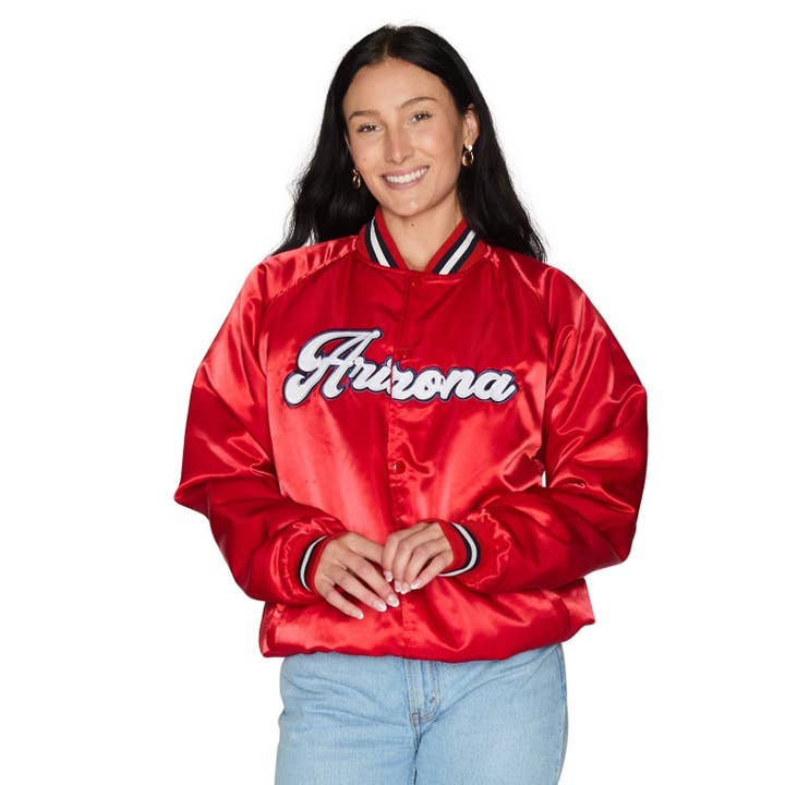 University of Arizona Satin Letterman Bomber Jacket for wholesale by Lojo Collegiate Apparel