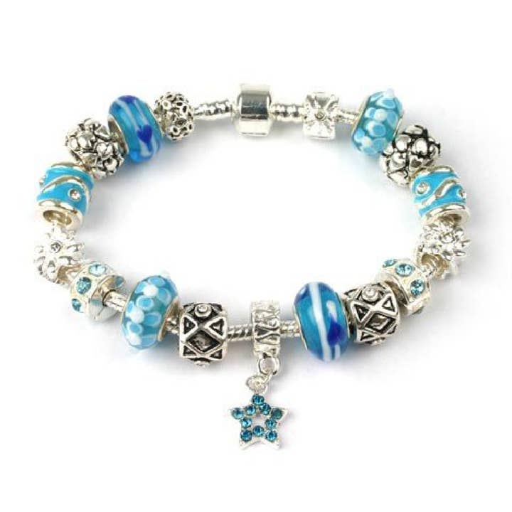 Adult's 'Misty Blue' Silver Plated Charm Bead Bracelet for wholesale by Liberty Charms