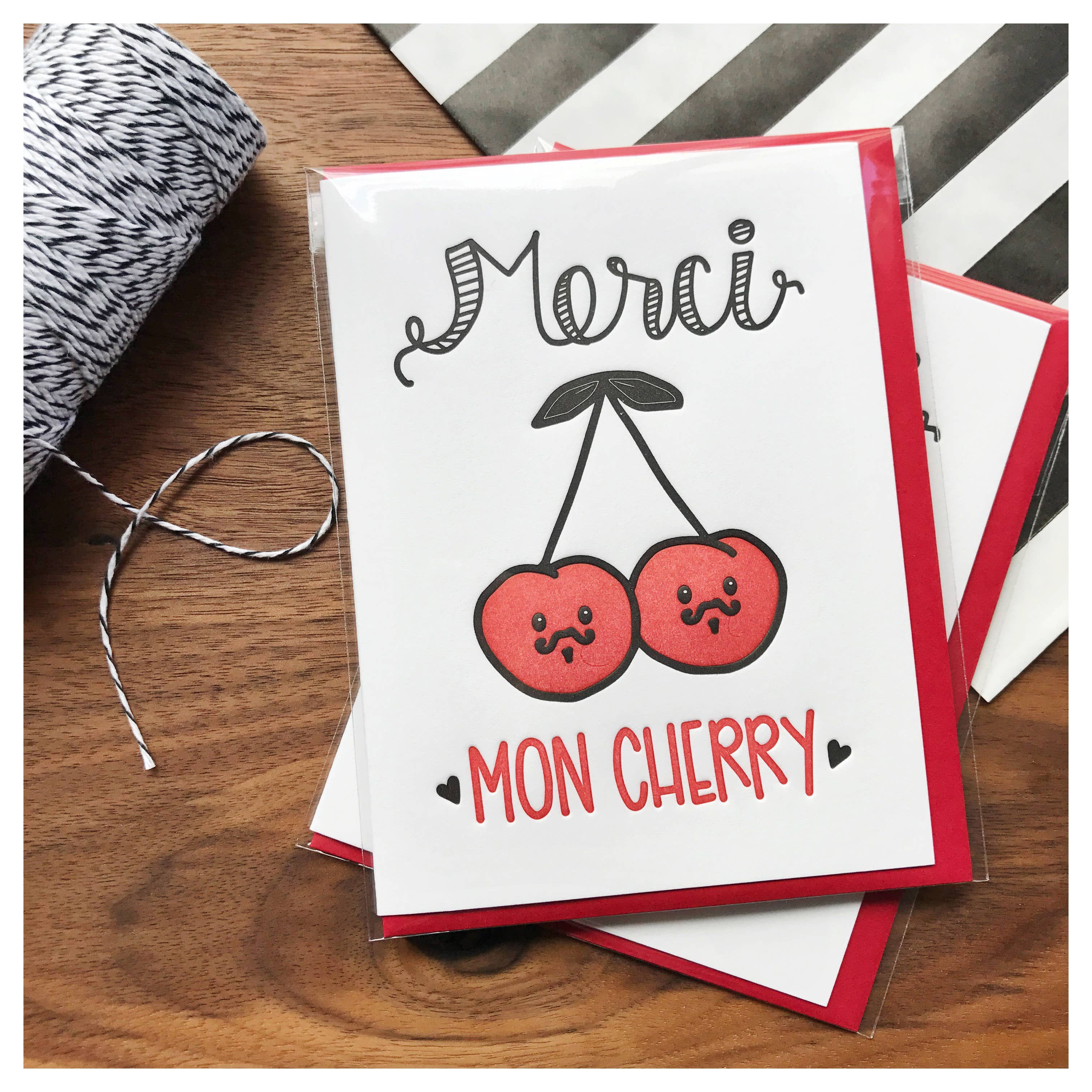 Kiss and Punch - Wholesale Thank You Card - Merci Mon Cherry French Pun Thank You Letterpress Card1