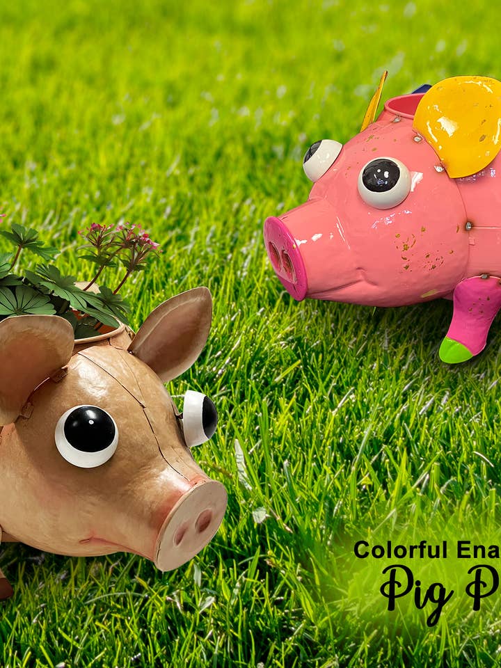 Colorful Enameled Metal Flying Pig Planter for wholesale by Continental Art Center