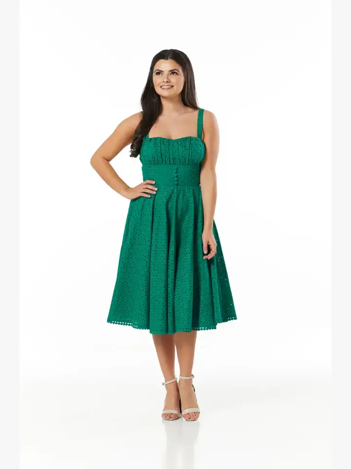 Timeless London - Wholesale Dress - Women's - Valerie Fit&Flare OrgCotton Broderie Anglaise Green Dress3