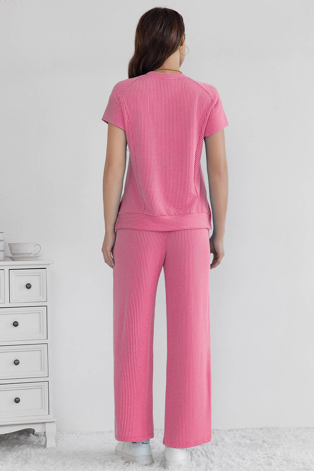 LA Society - Wholesale Lounge Set - Women's - Cable Knit Short Sleeve T Shirt and Wide Leg Pants Set1