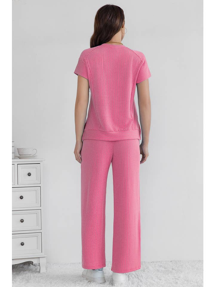 LA Society - Wholesale Lounge Set - Women's - Cable Knit Short Sleeve T Shirt and Wide Leg Pants Set1