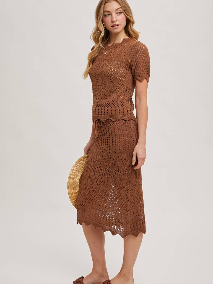 Bluivy – Großhandel Set aus Oberteil und Rock – Damen – GEHÄKELTES STRICKPULLOVER UND ROCK MIT WELLENSAUM-SET13