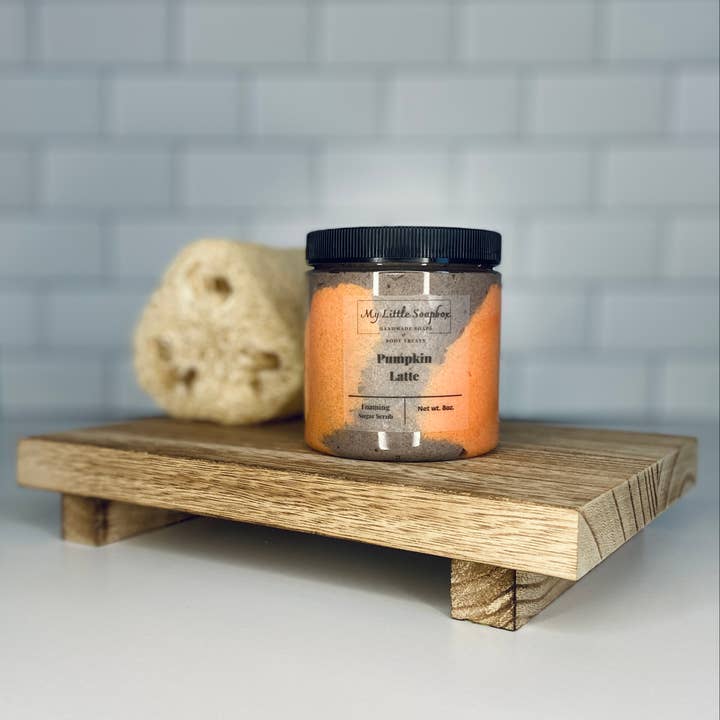 8oz Pumpkin Latte Foaming Sugar Scrub for wholesale by My Little Soapbox