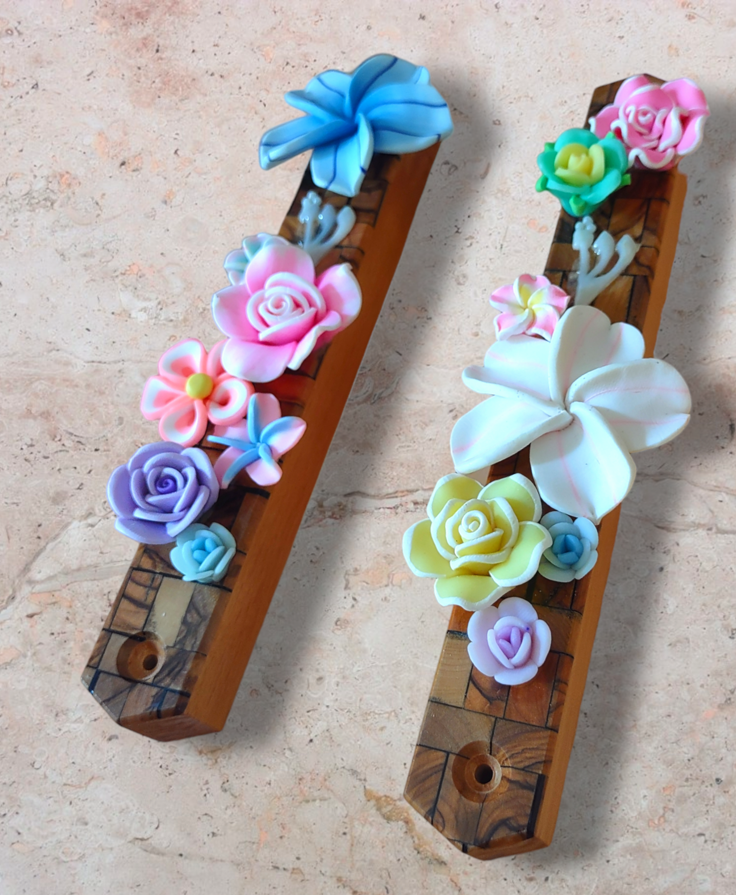 Eclectic Judaica - Wholesale Decorative Tabletop Object - Olive Wood Mezuzah with Flowers12