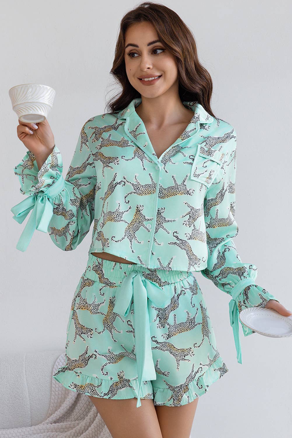 Green Leopard Printed Satin Long Sleeve Top and Shorts Pajama Set for wholesale on Faire6