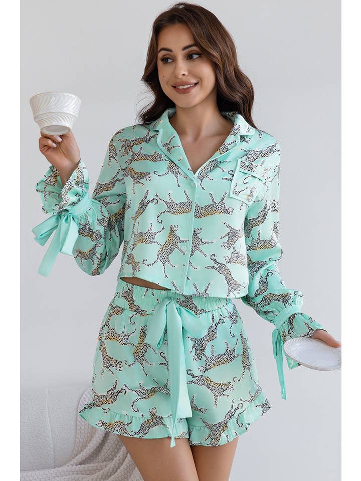 Green Leopard Printed Satin Long Sleeve Top and Shorts Pajama Set for wholesale on Faire6
