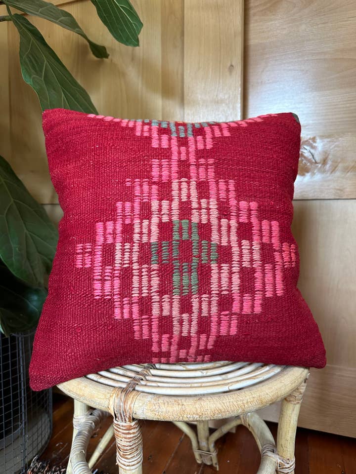 Red and Pink Diamond Turkish Kilim Throw Pillow, 16 x 16 for wholesale by High Pile Designs