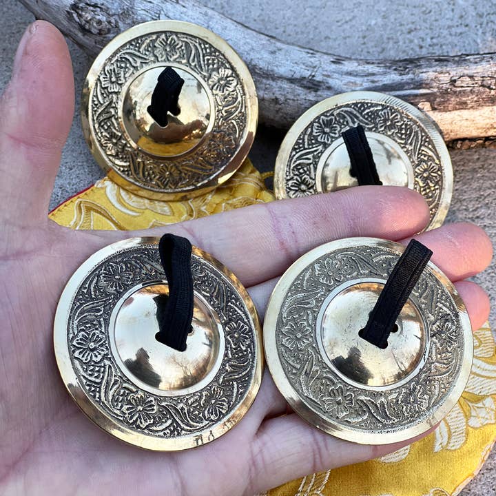 Lungta Imports – wholesale Musical instrument – 2 Pairs Brass Floral Finger Cymbals Zills for Belly Dance