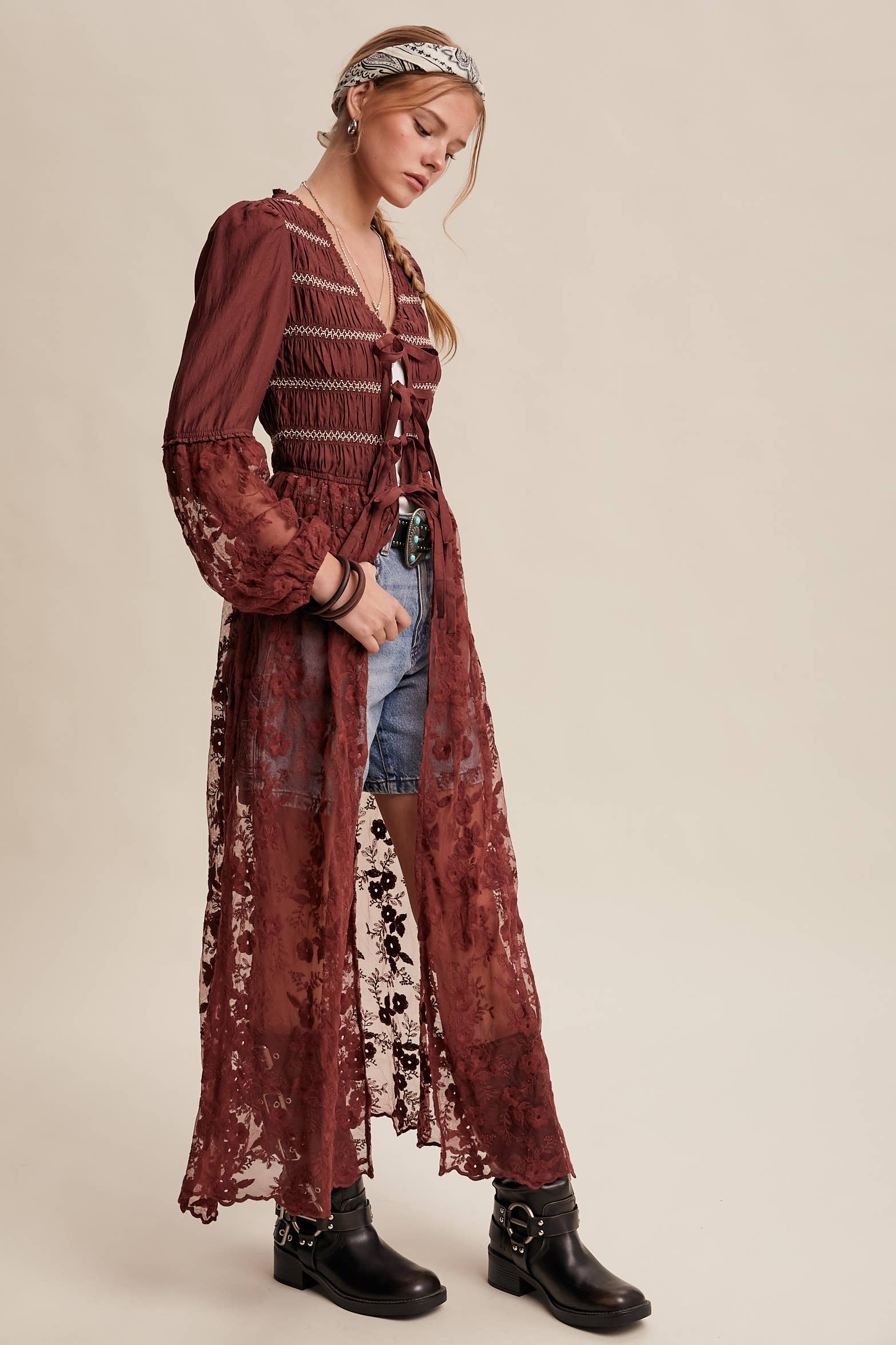 Listicle - Wholesale Kimono - Women's - Lace-Up Embroidered Maxi Kimono LJ026117