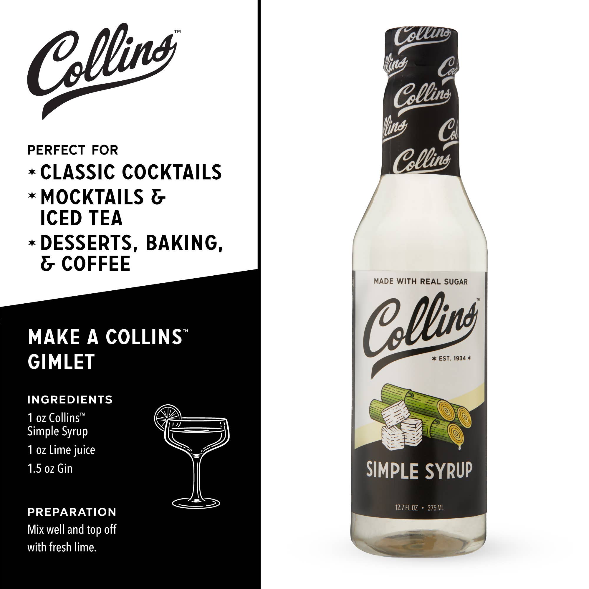 Collins - Wholesale Cocktail Mix/Syrup - Real Sugar Cocktail Simple Syrup 12.7 oz2
