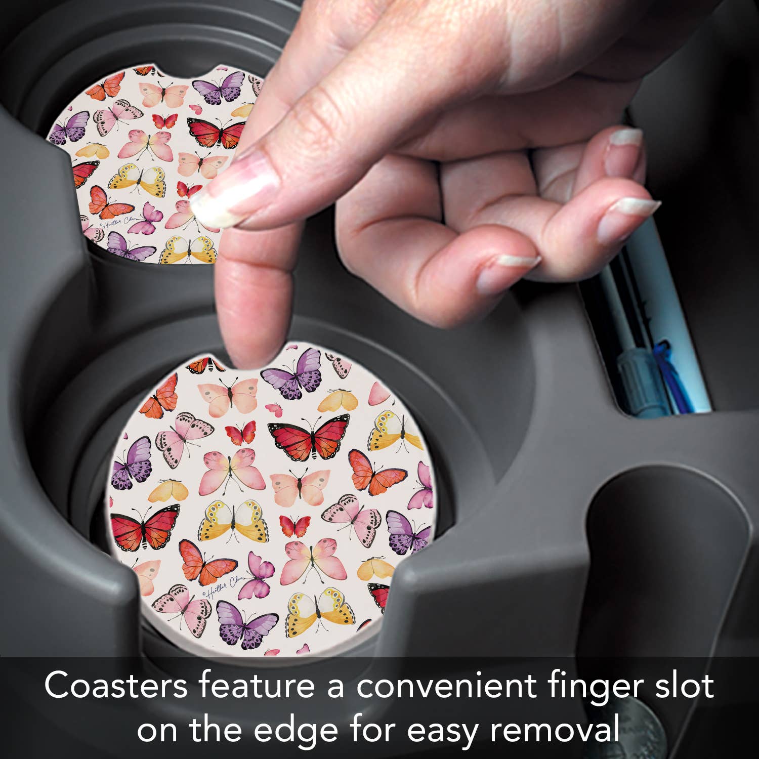 CounterArt/Highland Home/Thirstystone - Wholesale Car Coaster - Women's - "Watercolor Butterflies" Absorbent Stone Car Coaster 1pk2