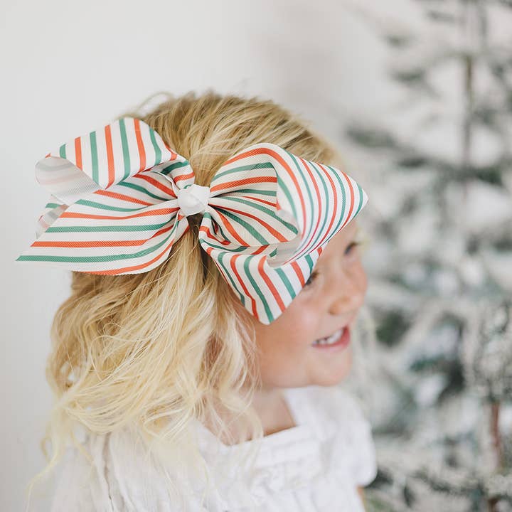 Golden Dot Lane - Wholesale Hair Bow - Kids - Retro Red and Green Christmas Stripe 7" Grosgrain Hair Bow