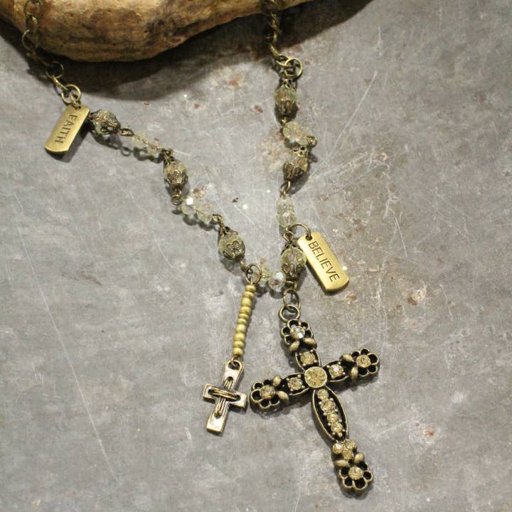 Antique Rosary Beaded Bronze Cross Drop Necklace for wholesale by The Primitive Peddler, Inc.