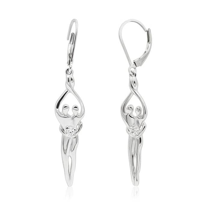 Medium Soulmate Earrings, 1 ¾" by 5/16th", .925 Genuine Sterling Silver, Lever Back, Clear Cubic Zirconia for wholesale by Symbol of Love Jewelry