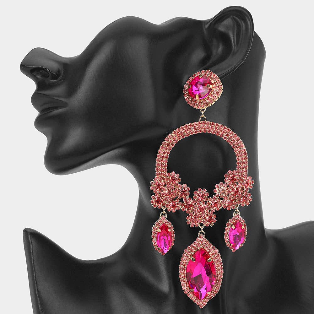 Sensibling Corp. – wholesale Dangle earrings – Oversized Rhinestone Paved Triple Flower Marquise Glass Stone Cluster Link Drop Chandelier Evening Earrings4