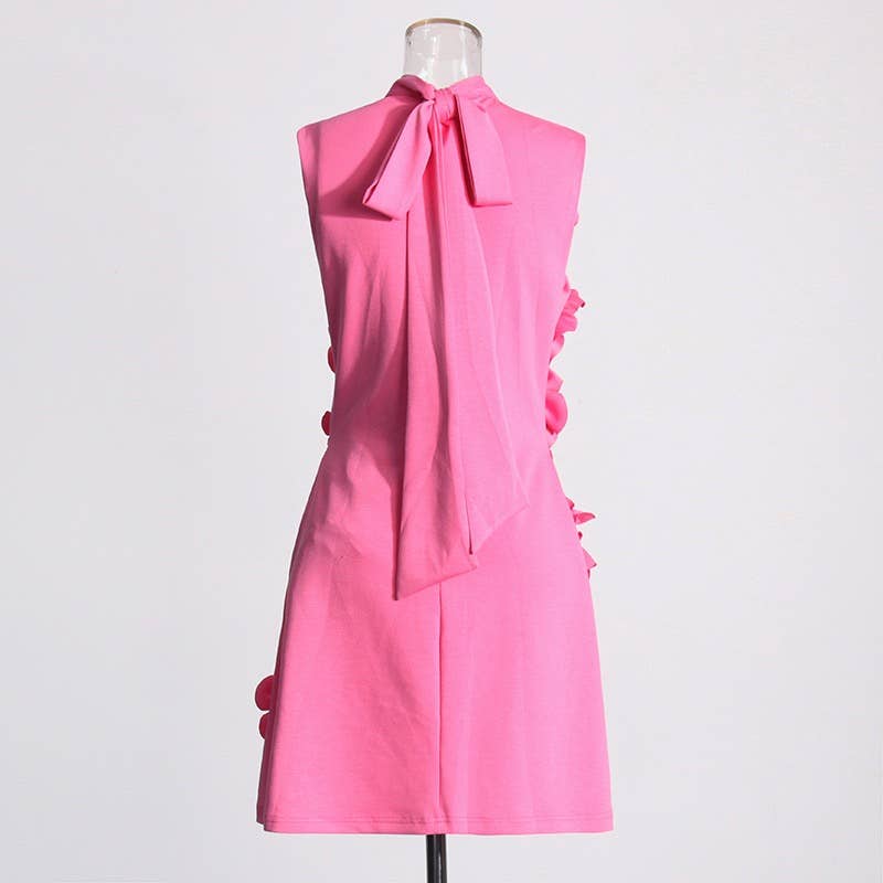 Productseeker – Vestido - Mulher por atacado – Vestido Curto Rosa DR413Y com Gola Alta, Sem Mangas e Flores 3D13