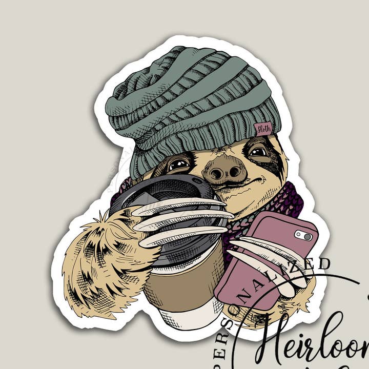 Coffee Sloth Waterproof Sticker for wholesale by Heirloom Ink